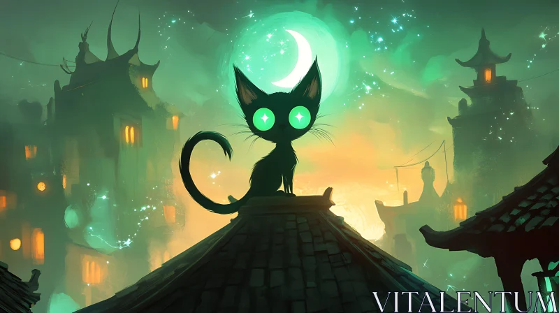 Mystical Black Cat on Rooftop at Night AI Image