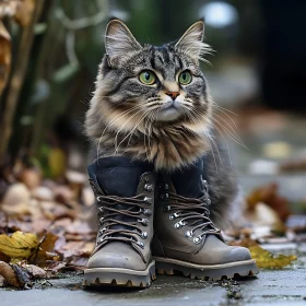 Tabby Cat in Brown Boots Amidst Fall Scenery