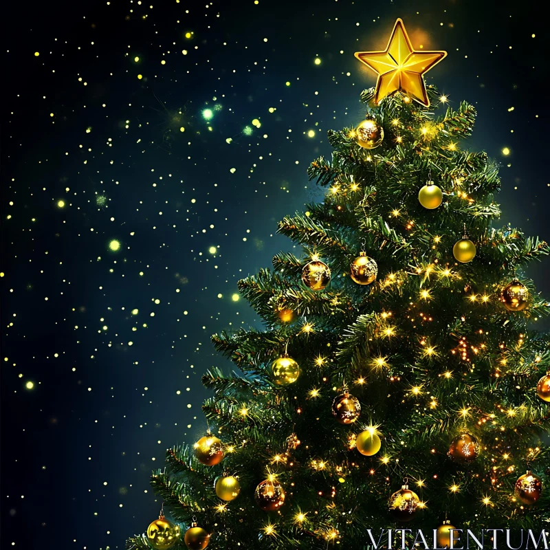 Festive Season Christmas Tree with Golden Star and Lights AI Image