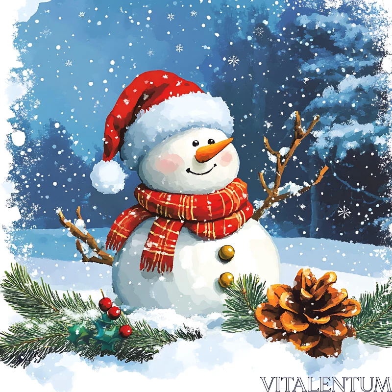 AI ART Cheerful Snowman with Santa Hat