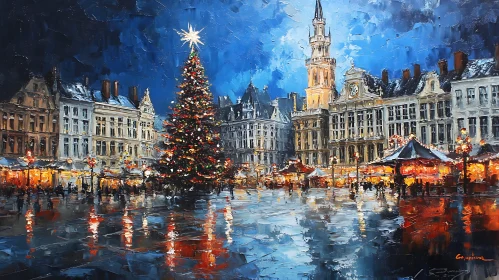 Christmas Tree in a Lively City Square