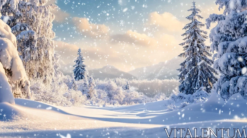 Serene Snowy Landscape with Snowfall AI Image