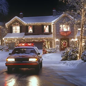 Snowy House with Christmas Decor and Police Car