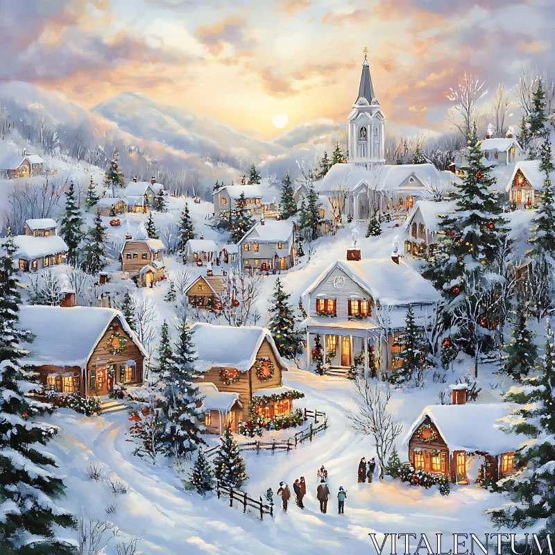 Snowy Village with Festive Christmas Lights AI Image