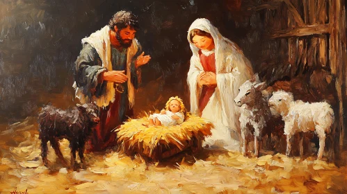 Intimate Nativity Artwork with Shepherds and Animals