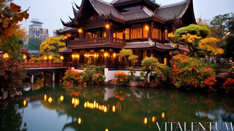 Asian-style House on Pond with Contrasting Lights and Intricate Woodwork AI Image