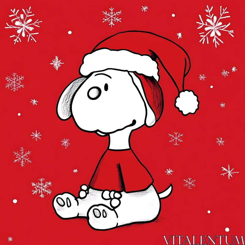 Festive Cartoon Dog with Santa Hat and Snowflakes AI Image