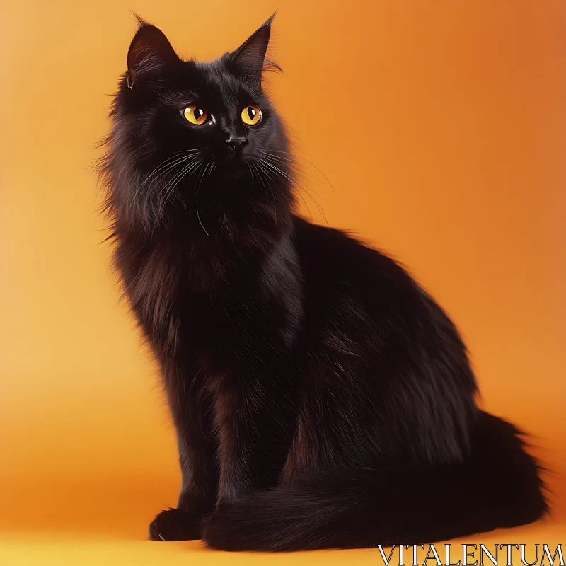 Stylish Black Feline on Orange Backdrop AI Image