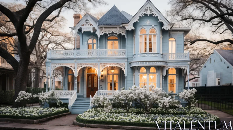 Captivating Blue House with Glowing Pastels and Intricate Woodwork AI Image