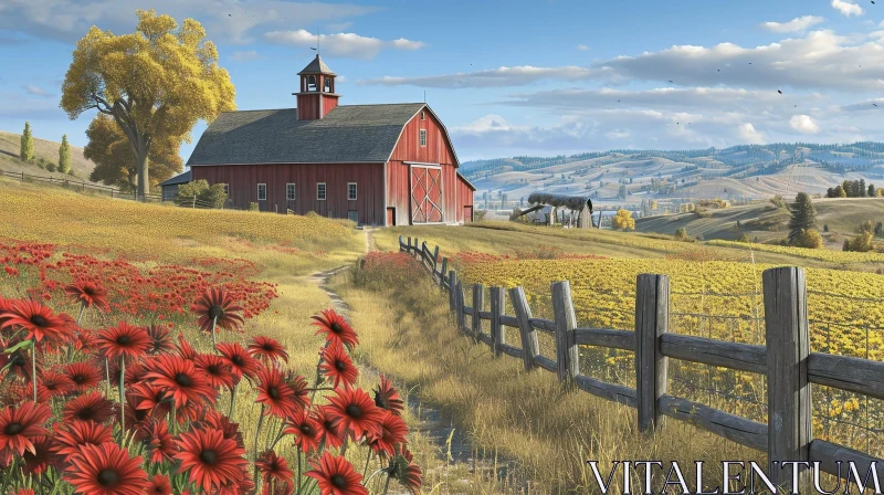 Captivating Farm Landscape Painting | Red Barn, Flowers, Mountains AI Image