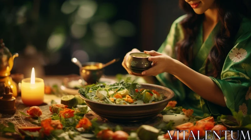 Chinese Woman in Traditional Costume with Herbal Tea in a Bowl of Salad AI Image