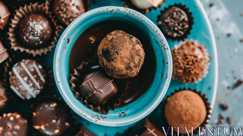 Close-up of Blue Cup with Melted Chocolate and Truffle AI Image