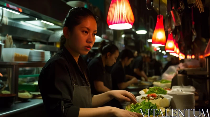Confident Asian Woman Preparing Greens in Restaurant Kitchen AI Image