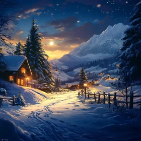 Moonlit Snowy Village Path