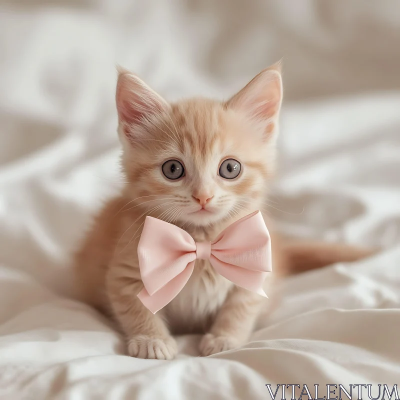 Cute Ginger Kitten Wearing a Pink Bow AI Image