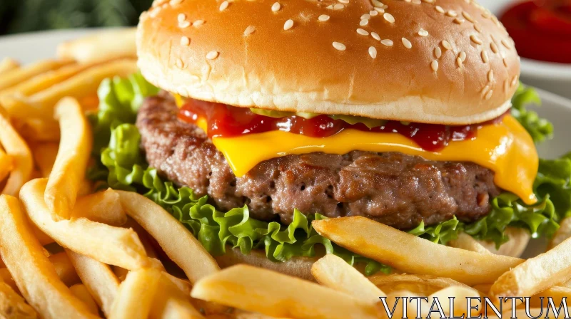 Delicious Cheeseburger with Sesame Seed Bun and Crispy Fries AI Image