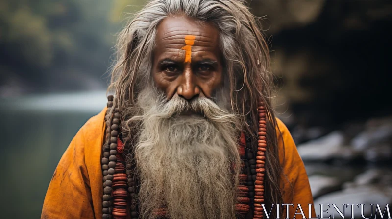 Elderly Man Portrait in Saffron Robe AI Image