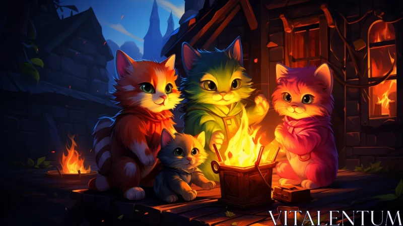 Enchanting Scene: Cats by Campfire Under Moonlit Sky AI Image