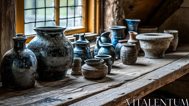 Enchanting Still Life Composition of Blue and White Pottery on Windowsill AI Image