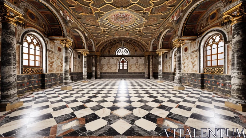 AI ART Exquisite Grand Hall with Checkered Marble Floor and Ornate Columns