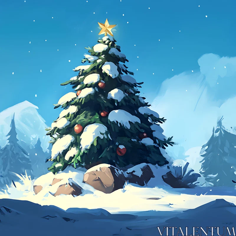 Festive Christmas Tree in Snow AI Image