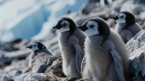 Four Emperor Penguin Chicks Huddled on a Rocky Beach in Antarctica