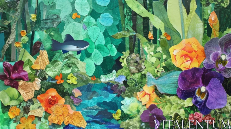 AI ART Gorgeous Nature Collage: Leaves, Flowers, and Fish in Vibrant Colors