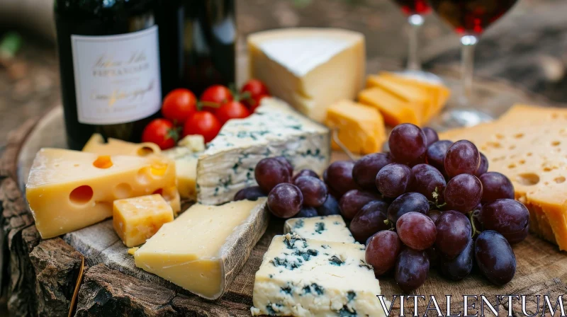 Savor the Essence of Elegance: Wine, Cheese, and Grapes on a Wooden Table AI Image
