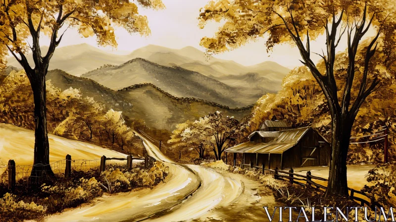 Serene Rural Landscape Painting with House, Trees, and Mountains AI Image