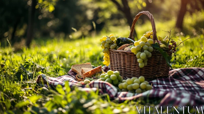 Tranquil Picnic Scene: Green Grapes, Wine, and Sandwiches AI Image