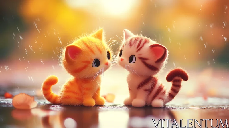 Cute Feline Companions in Rainy Autumn AI Image