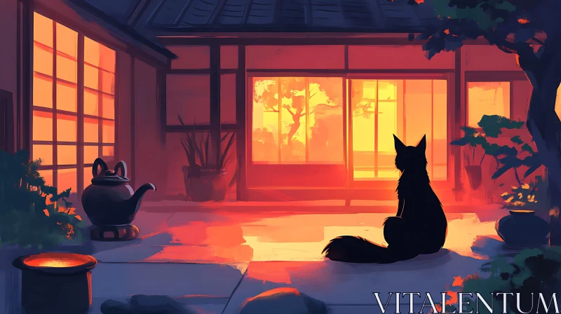 Mystical Sunset Courtyard with Fox AI Image