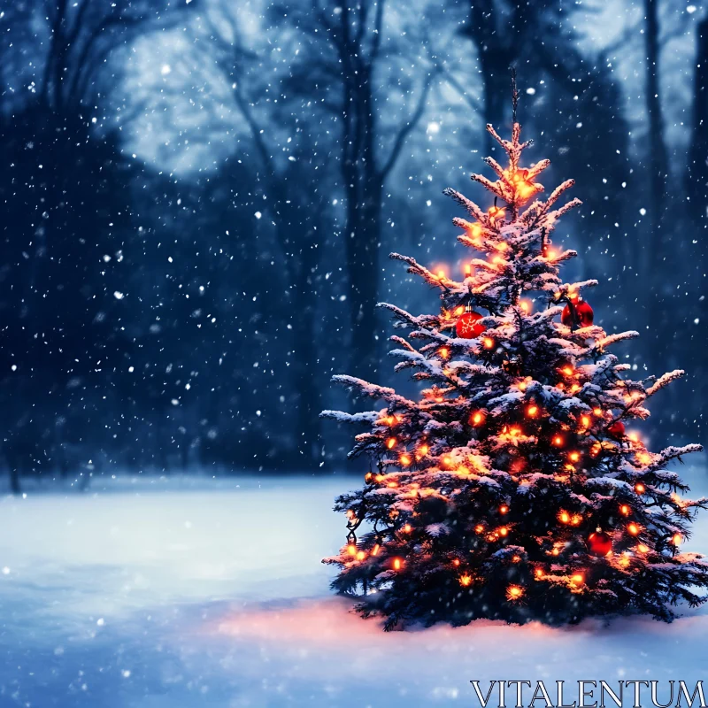 Festive Christmas Tree Amidst Winter Snowfall AI Image