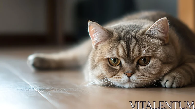 Serene Cat Resting Indoors on Wooden Floor AI Image