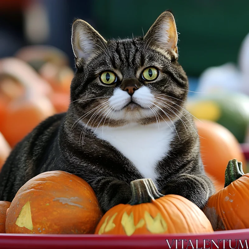 Cat and Pumpkins in a Festive Autumn Setting AI Image