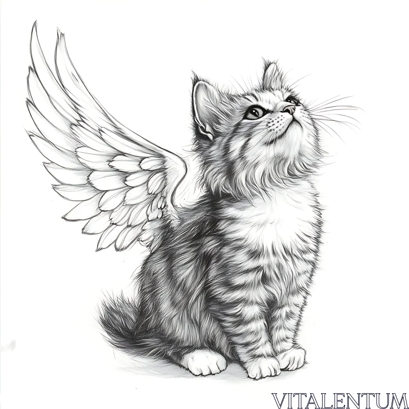 Winged Kitten Artistic Sketch AI Image