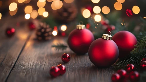 Christmas Decor with Red Baubles and Warm Lights