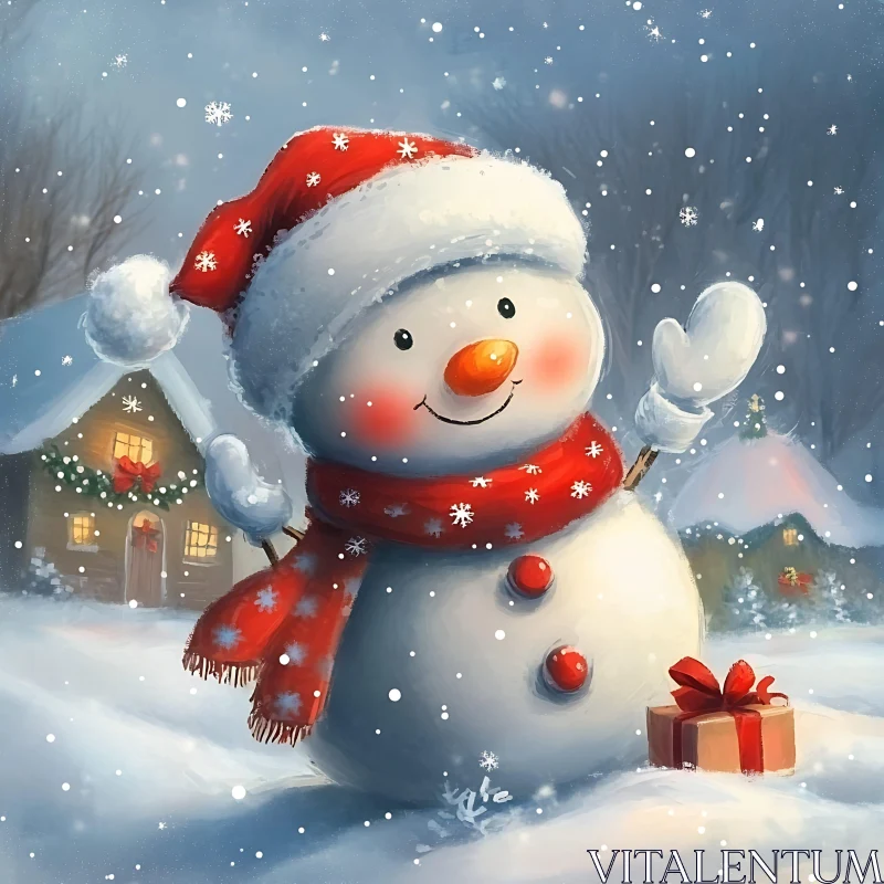 Holiday Snowman with Red Accessories and Gift AI Image