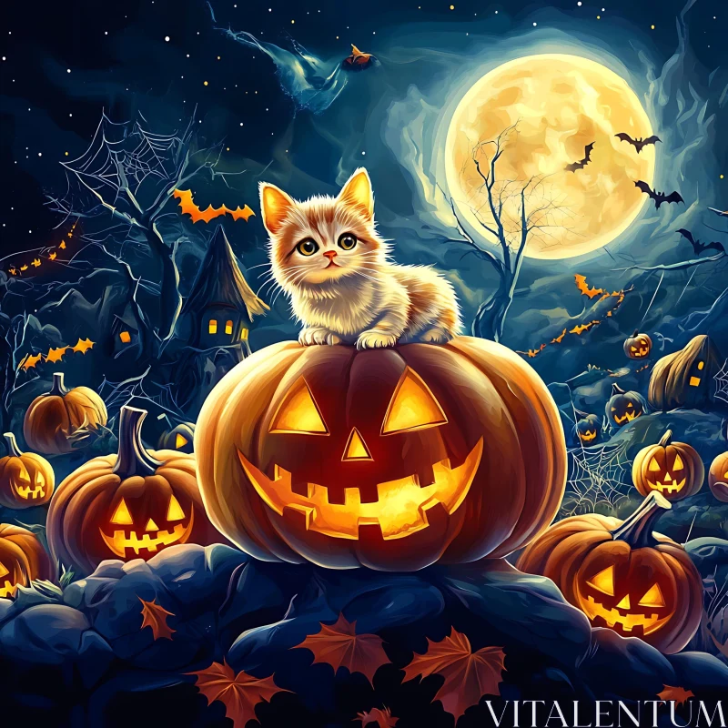 Halloween Night with a Kitten on a Jack-o-Lantern AI Image