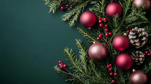 Traditional Holiday Decorations with Red Baubles and Pinecones