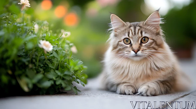 Tabby Cat Amid Garden Blooms AI Image