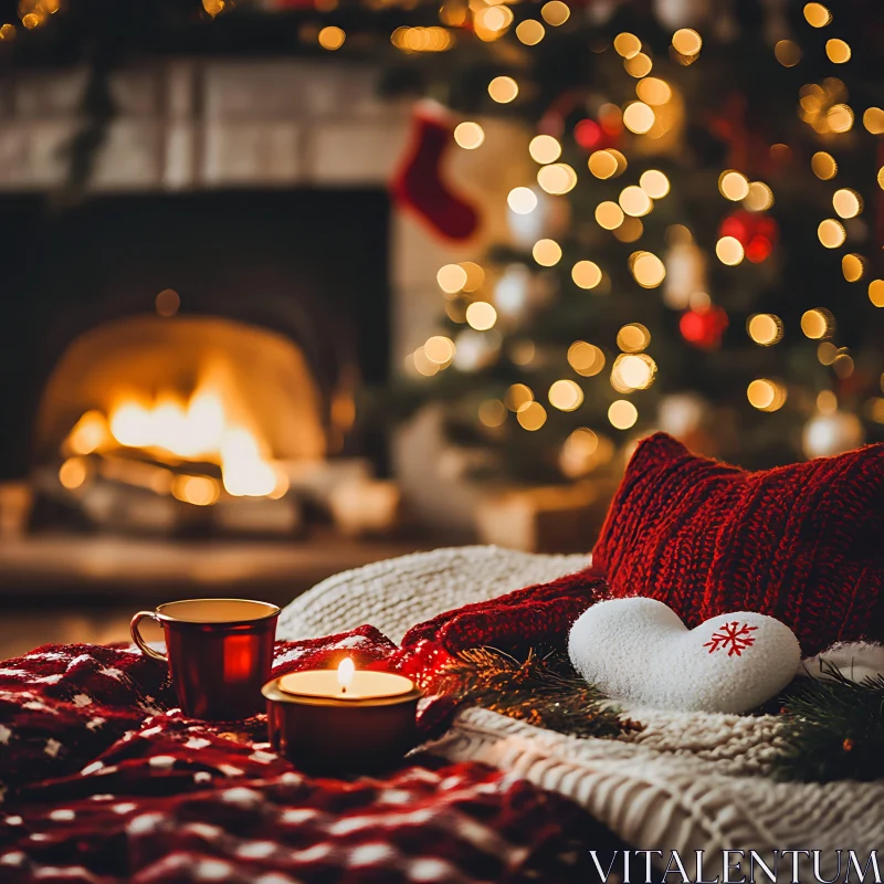 Warm Holiday Setting with Christmas Tree and Fireplace AI Image