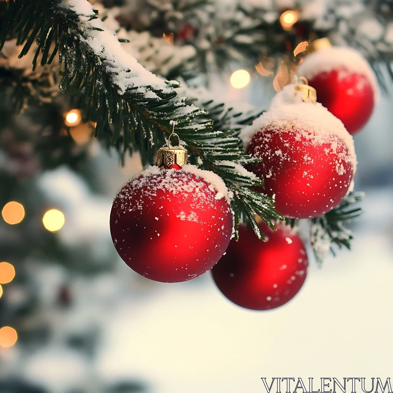 Festive Red Baubles on Snowy Evergreen Tree AI Image