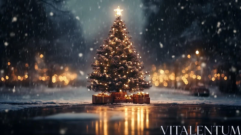 AI ART Illuminated Christmas Tree with Gifts on a Snowy Evening