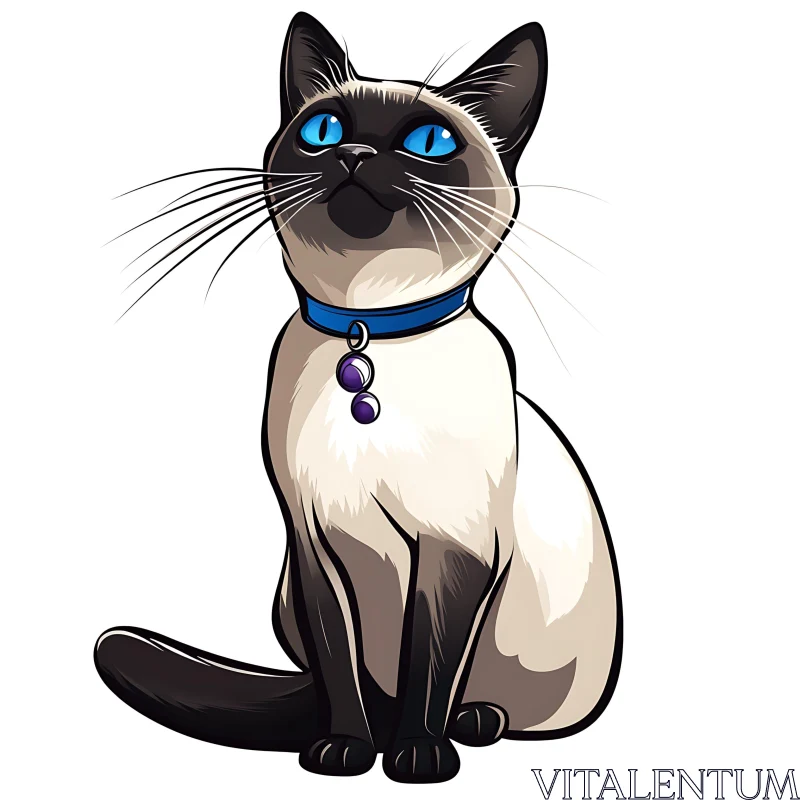 Siamese Cat Illustration with Blue Collar and Bells AI Image