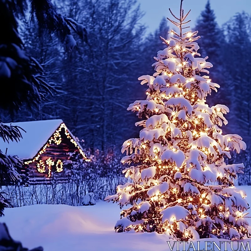 Snowy Christmas Tree and Decorated Cabin Scene AI Image