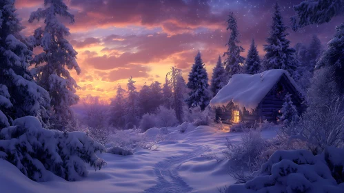 Cozy Winter Cabin at Sunset