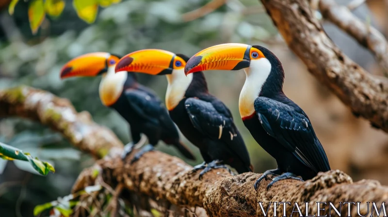 Colorful Toucans Perched on a Branch - Majestic Nature Photography AI Image