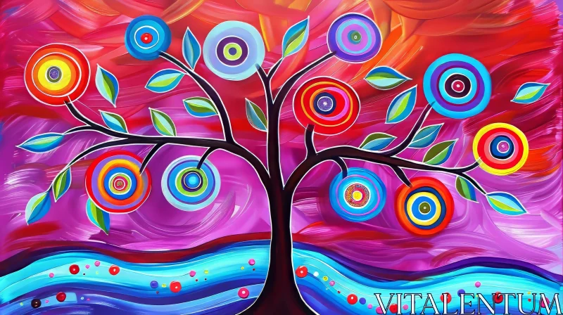 Colorful Tree Digital Painting - Whimsical Nature Art AI Image
