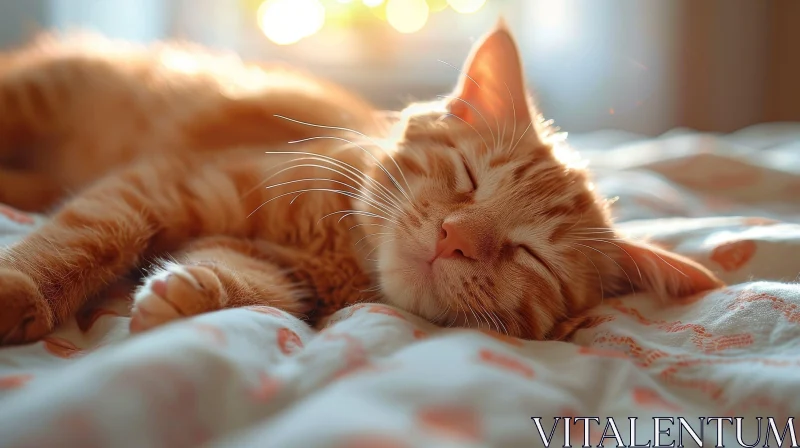 AI ART Cozy Ginger Cat Sleeping on Bed